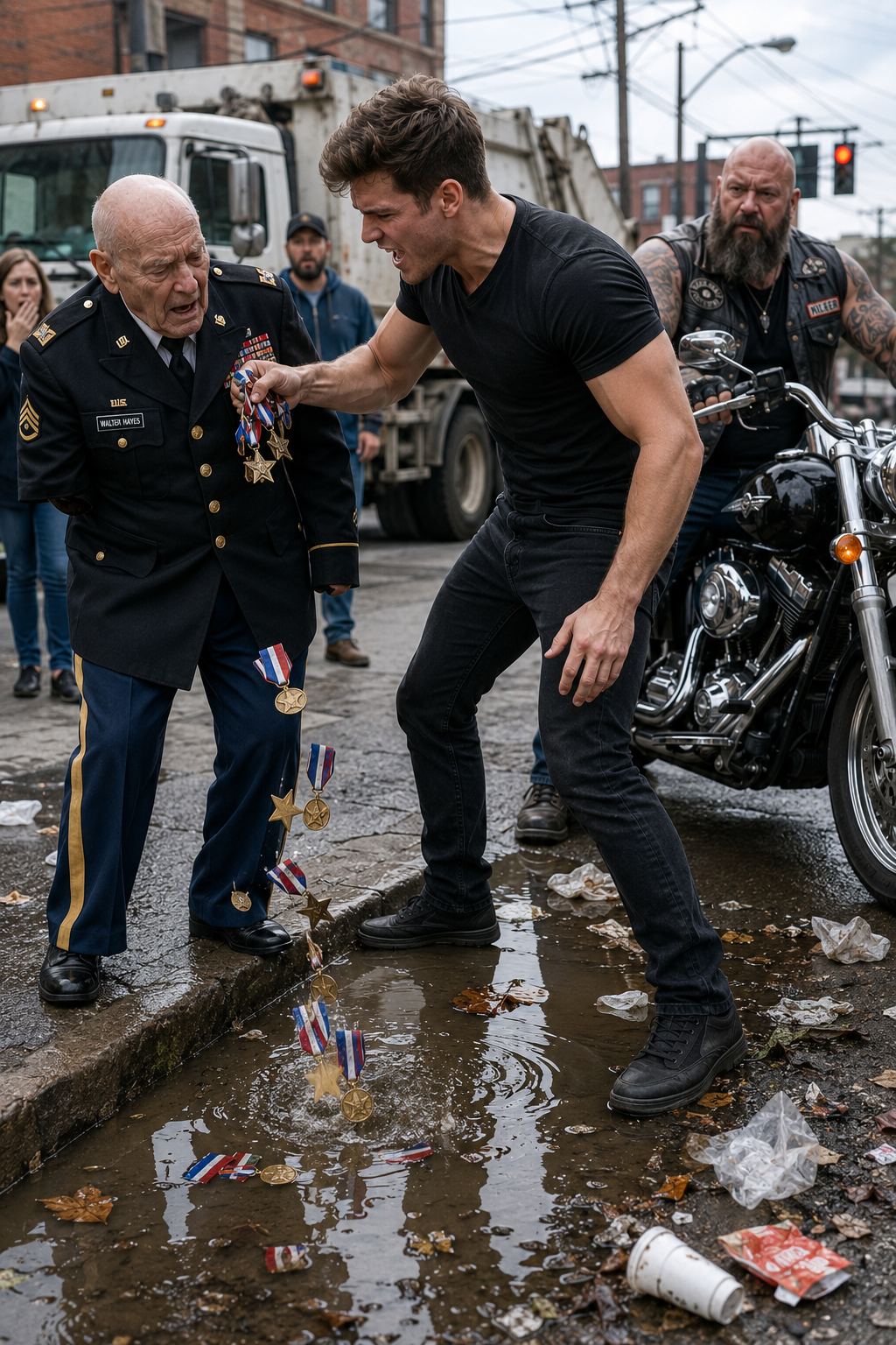 He threw an old veteran’s medals into the gutter and laughed. then the biker who stopped recognized one medal—and discovered a truth that would destroy everything the young man thought he knew.
